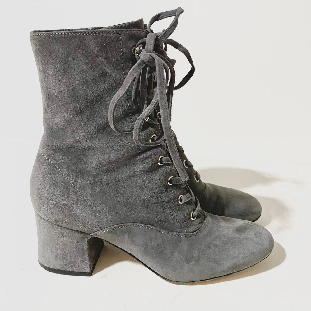 Gianvito Rossi Gray Suede Lace Up Boots Mackay Low Block Heel Ankle Zip sz 38